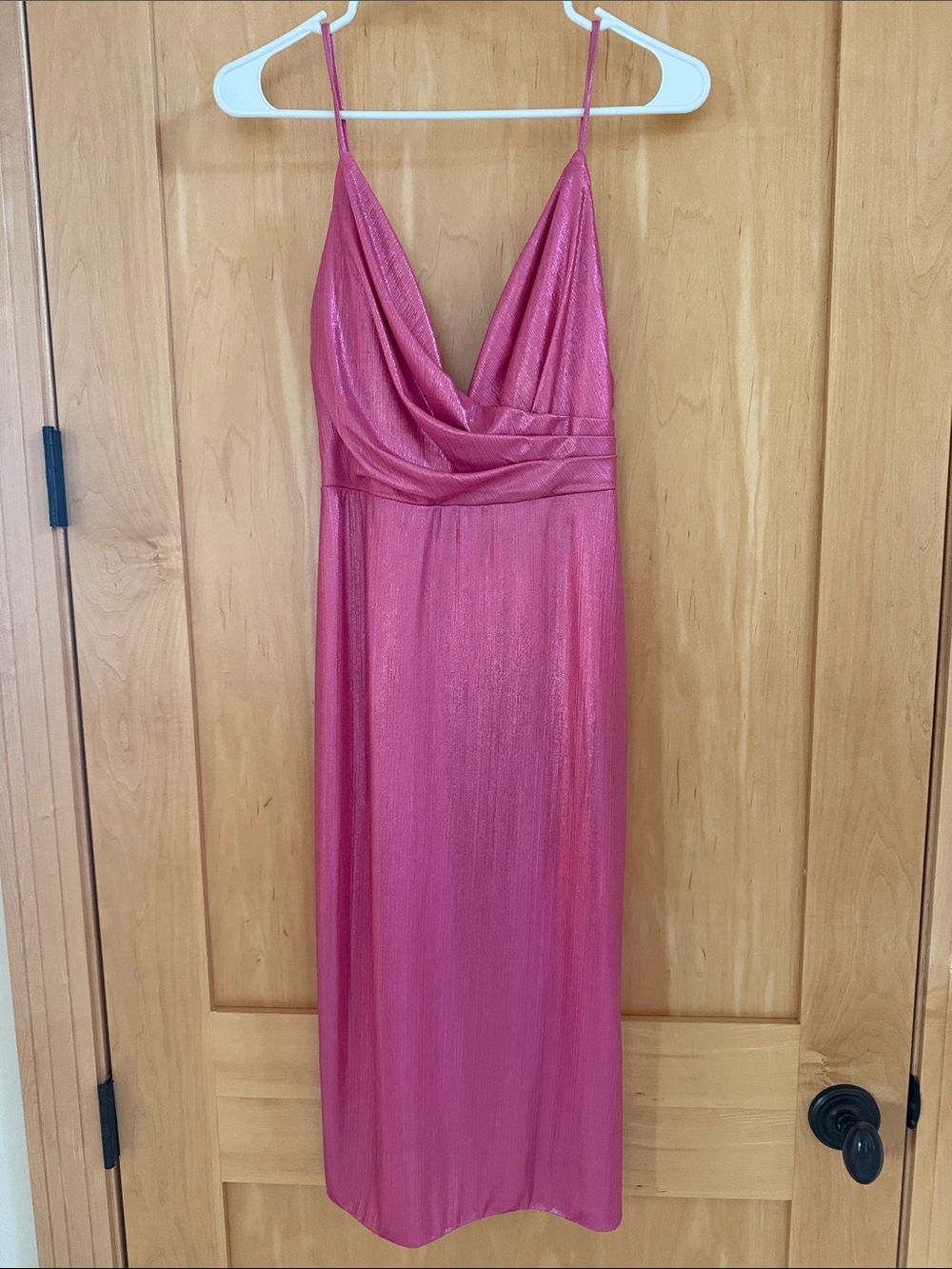Mac Duggal Shimmering Raspberry Cowl Neck Midi Dress